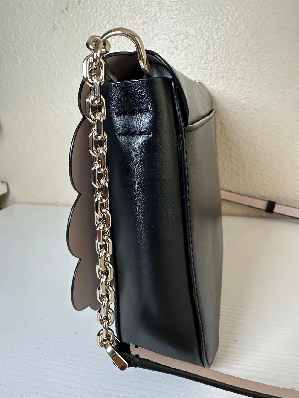 kate spade Black Scallop-Edge Leather Crossbody with Pink Interior